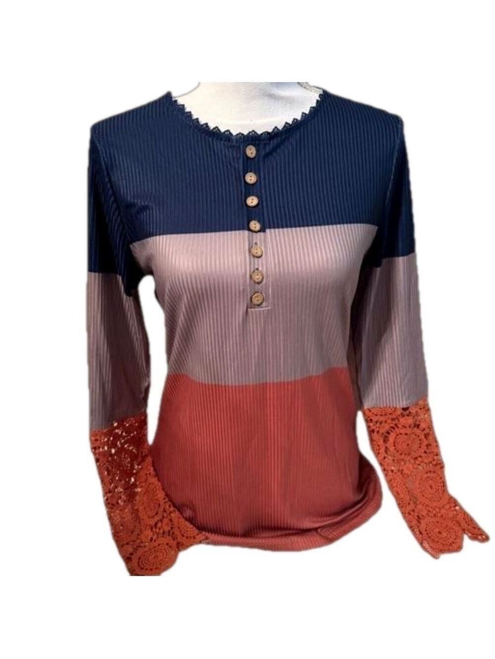 Colorblock Henley Lace Sleeve Top Navy, Dusty Mauve,Coral Size Small Ribbed Knit - Picture 2 of 9